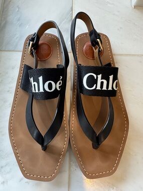 Chloe Black Logo Strap Leather Sandals